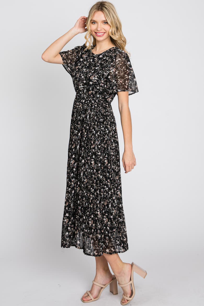 Floral Pleated Chiffon Midi Dress, Alternate, color, Black