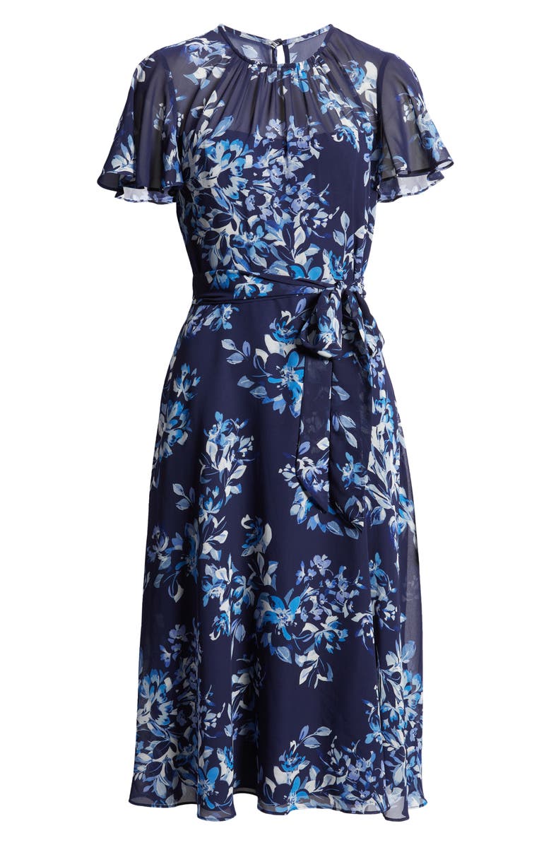 Eliza J Flutter Sleeve Flower Print Dress, Alternate, color, 