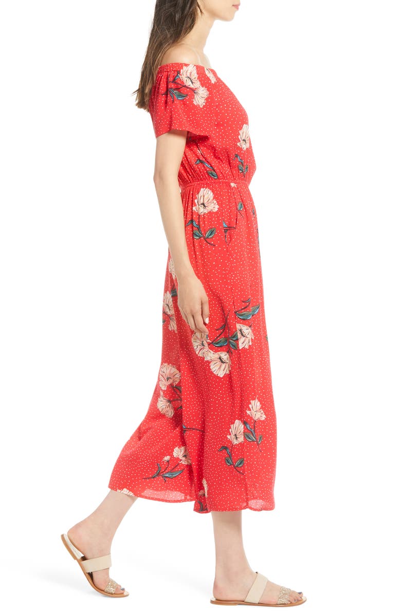 Love, Fire Floral & Polka Dot Off the Shoulder Jumpsuit, Alternate, color, 