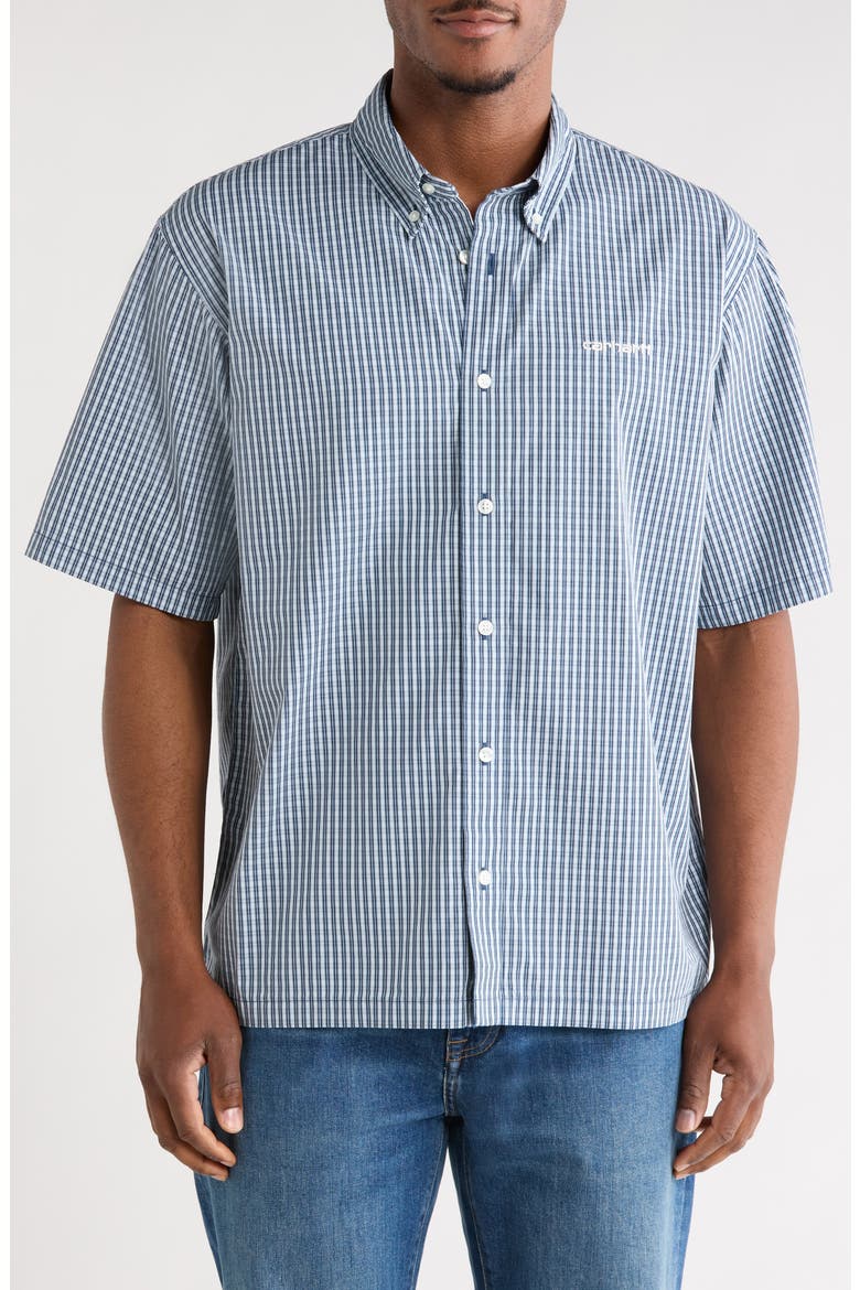Groff Microcheck Short Sleeve Cotton Poplin Button-Down Shirt, Main, color, GROFF CHECK, BLUE RIVER