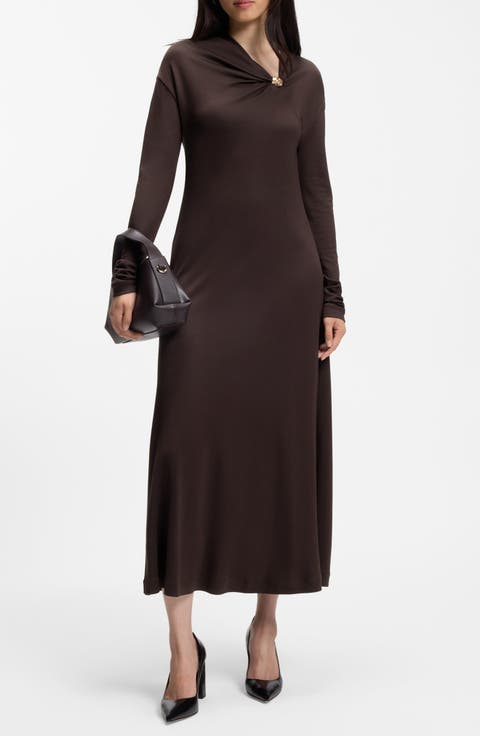 Evonya Draped Neck Long Sleeve Midi Dress