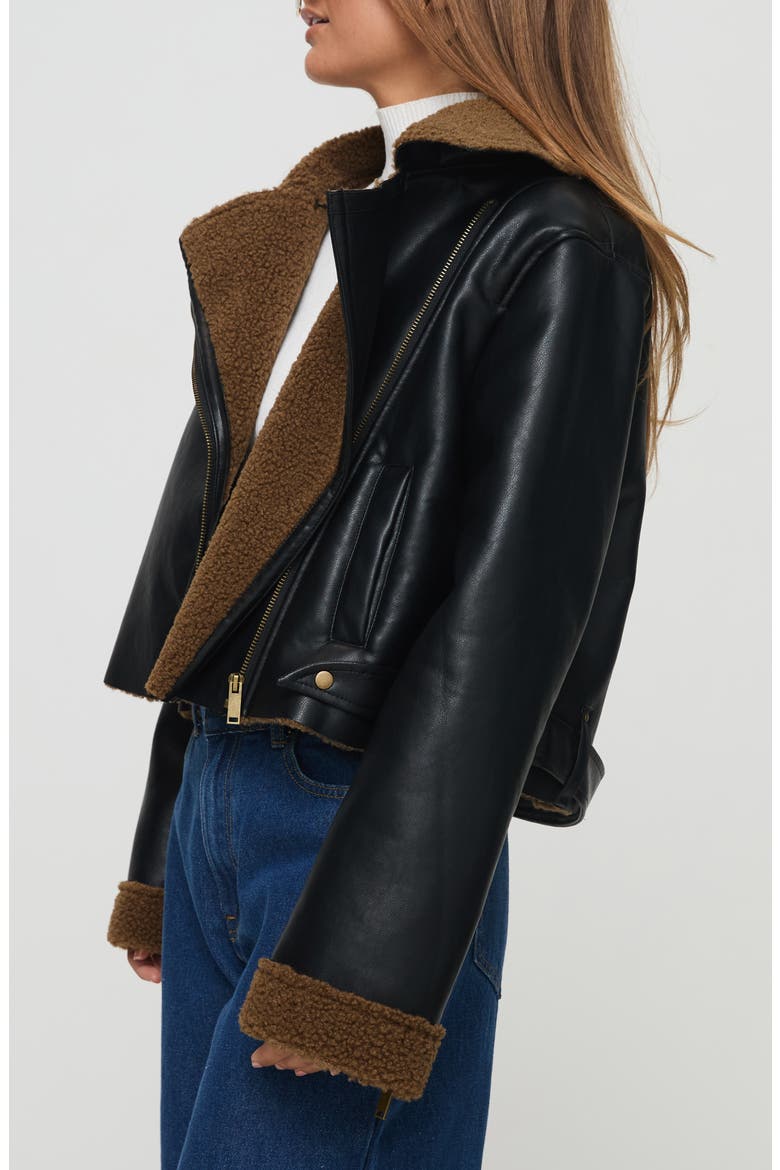 Faux Leather Crop Jacket with Faux Shearling Trim, Alternate, color, BLACK