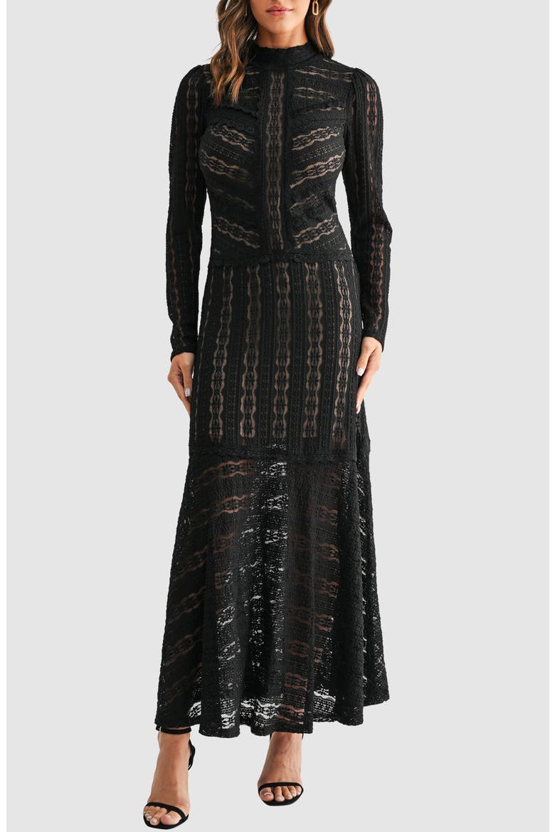 Lace Chevron Stripe Long Sleeve Maxi Dress, Main, color, BLACK