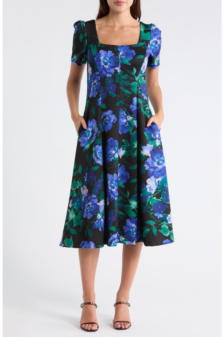 Floral Short Sleeve A-Line Midi Dress, Main, color, BLUE/ GREEN
