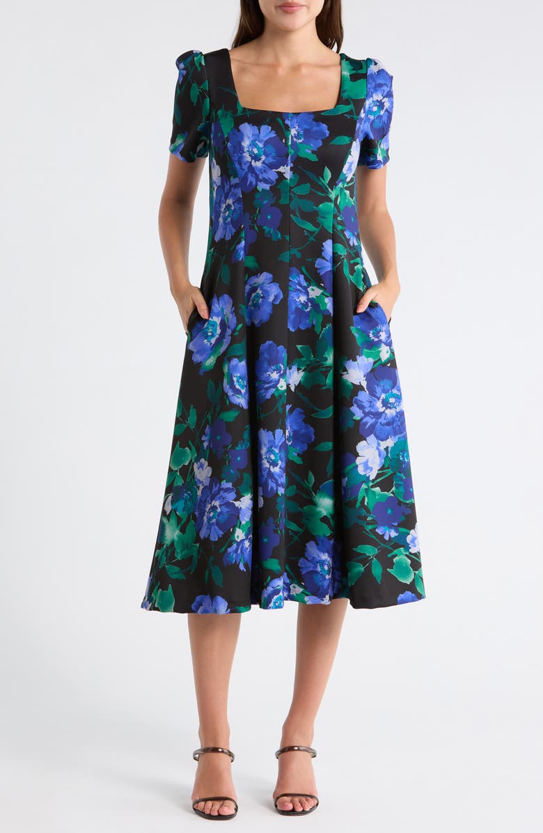 Julia Jordan Floral Short Sleeve A-Line Midi Dress, Main, color, Blue/ Green