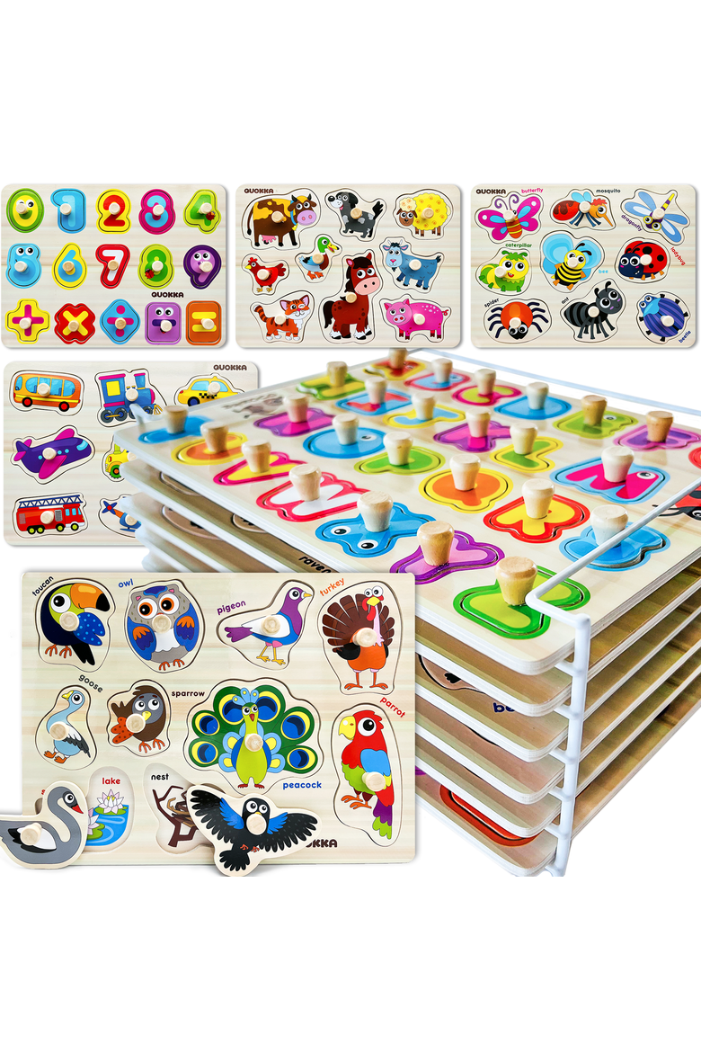 Wooden Puzzle Board Set for Toddlers, Main, color, 6 Pegged in a Rack