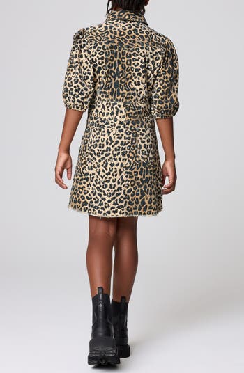 Kids' Leopard Print Puff Sleeve Denim Dress
