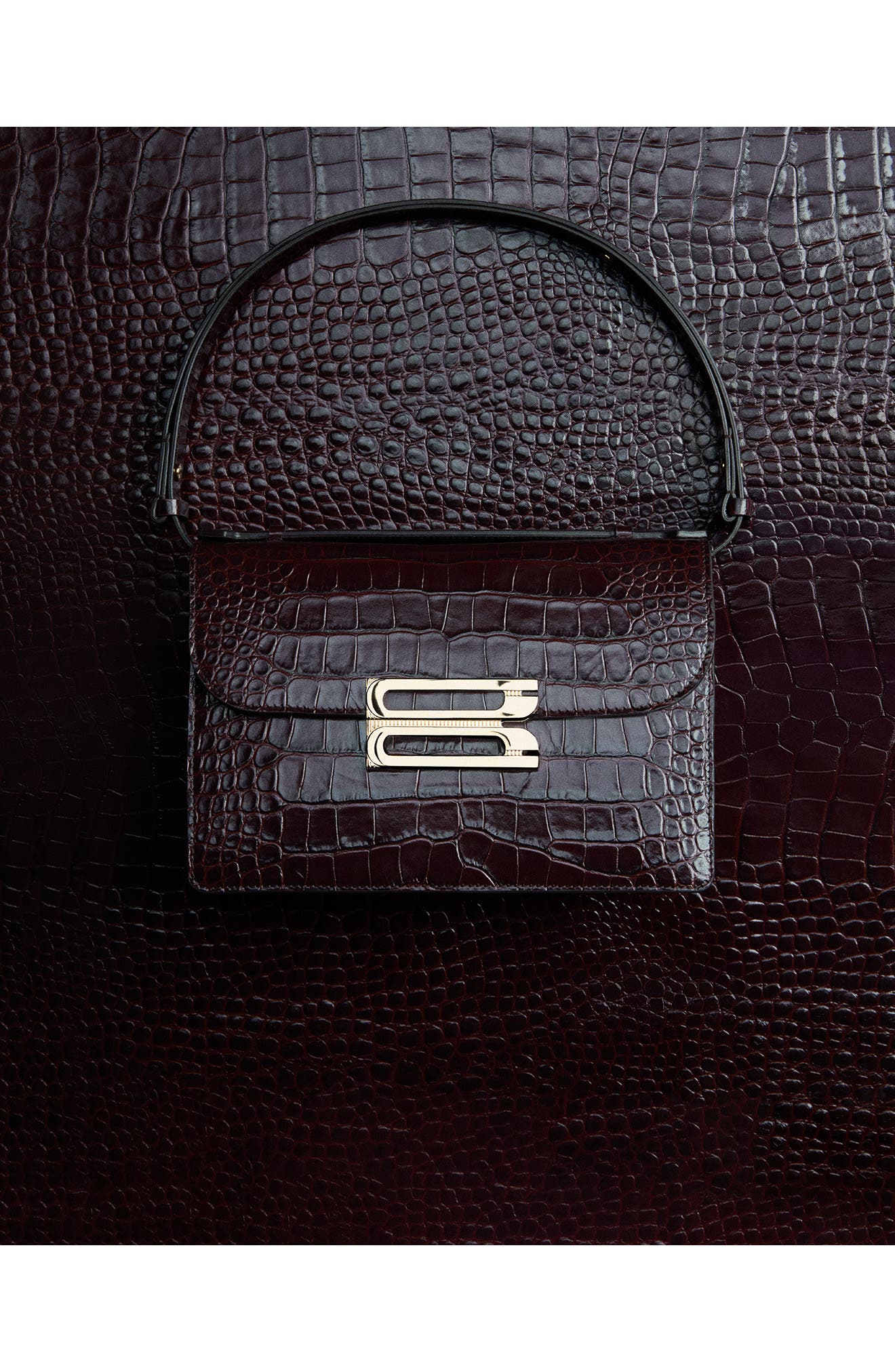 Victoria Beckham Dorian Croc Embossed Leather Shoulder Bag, Alternate, color, Espresso 8946