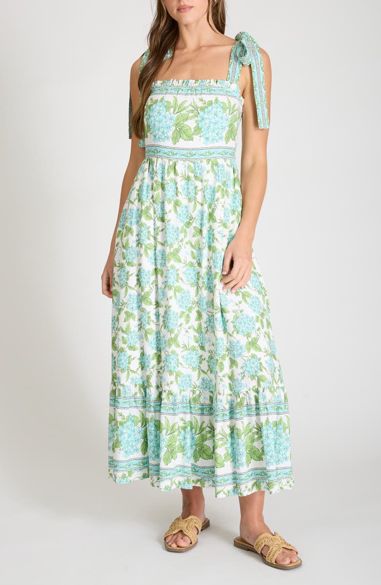 AUGUST SKY Bow Tied Shoulder Strap Midi Dress, Main, color, Cream Multi