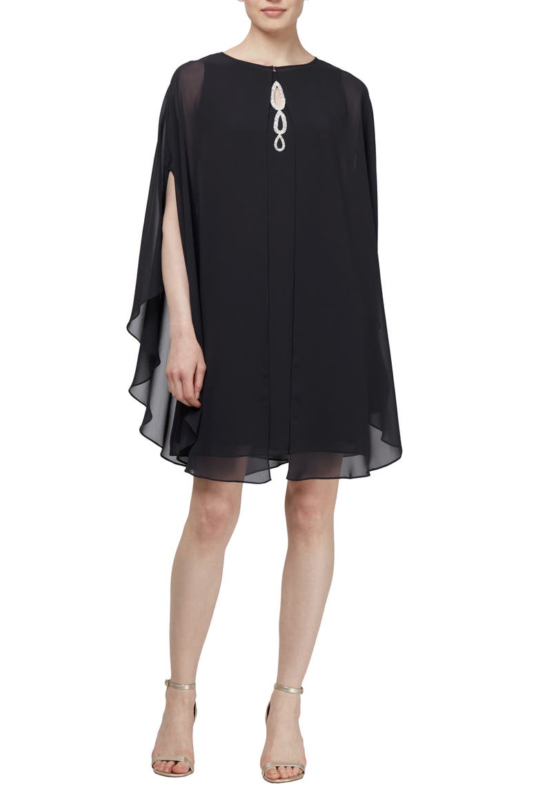 Embellished Chiffon Cocktail Dress with Capelet, Main, color, BLACK
