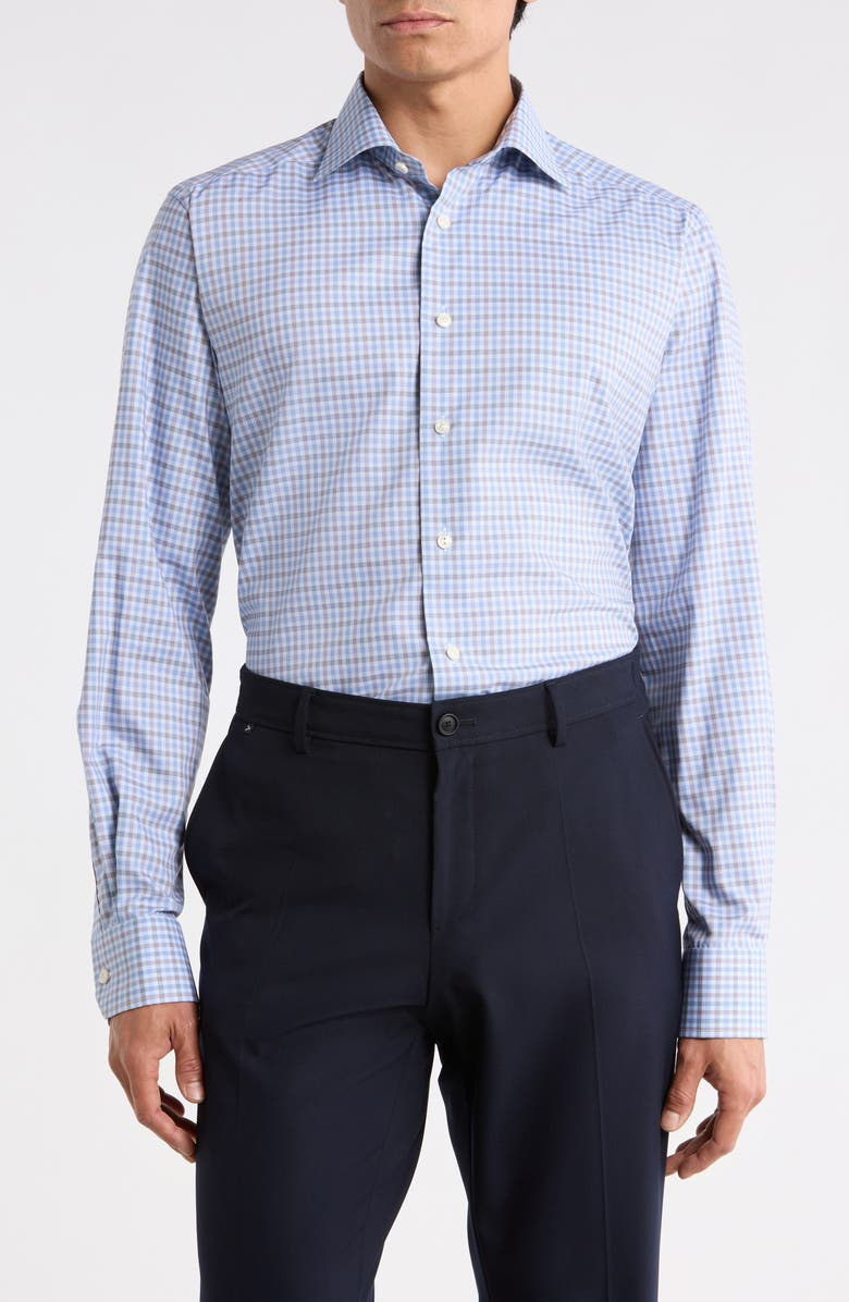 Eton Contemporary Fit Check Organic Cotton Twill Dress Shirt, Main, color, Light Blue
