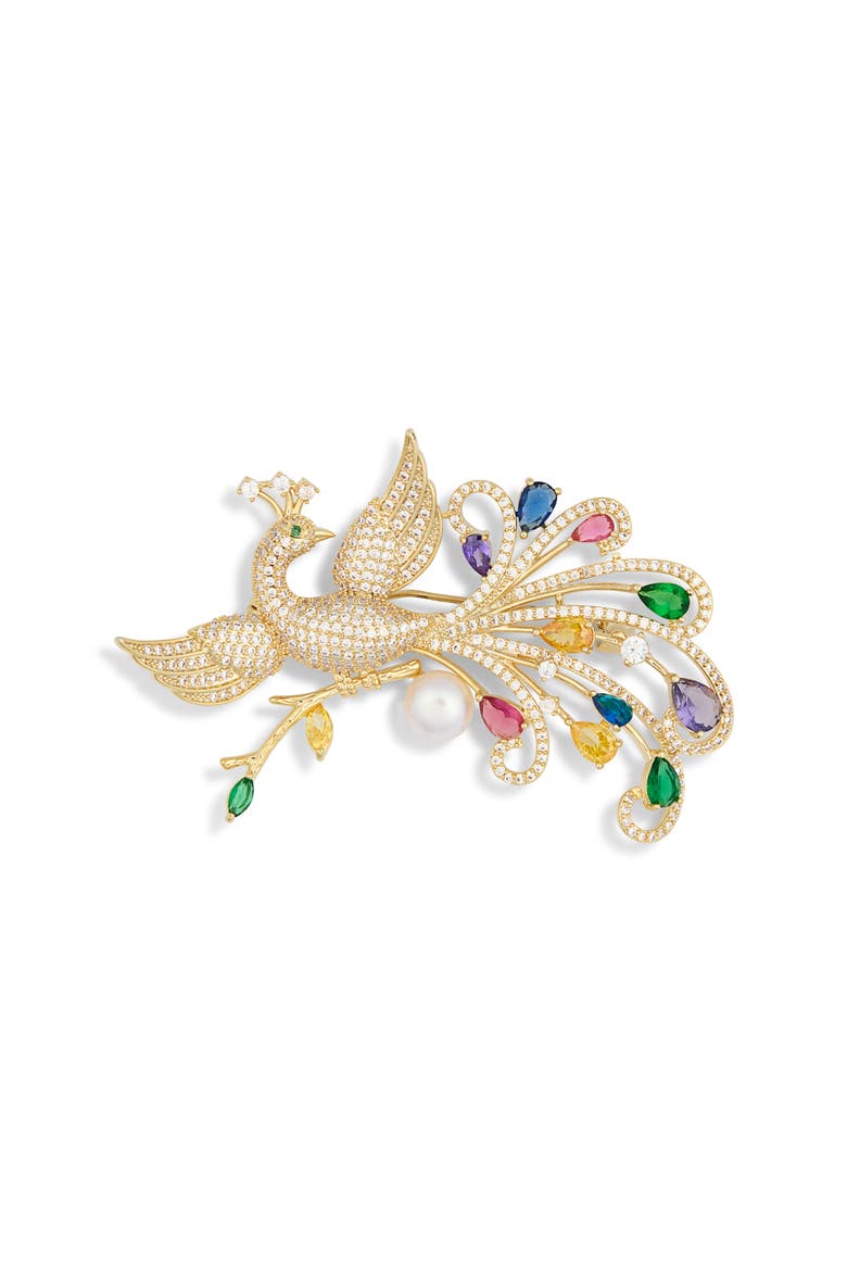 Moana Cubic Zirconia Bird of Paradise Brooch, Main, color, GOLD