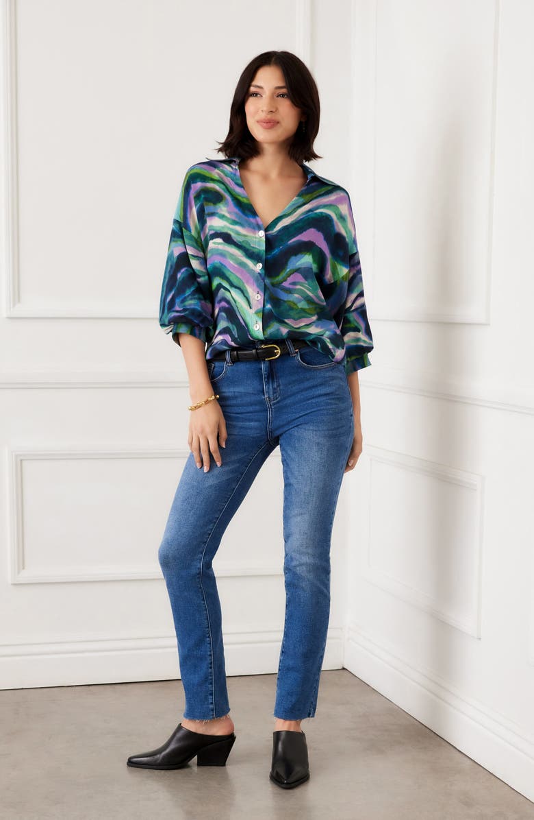 Karen Kane Abstract Print Button-Up Shirt, Alternate, color, Blue Print