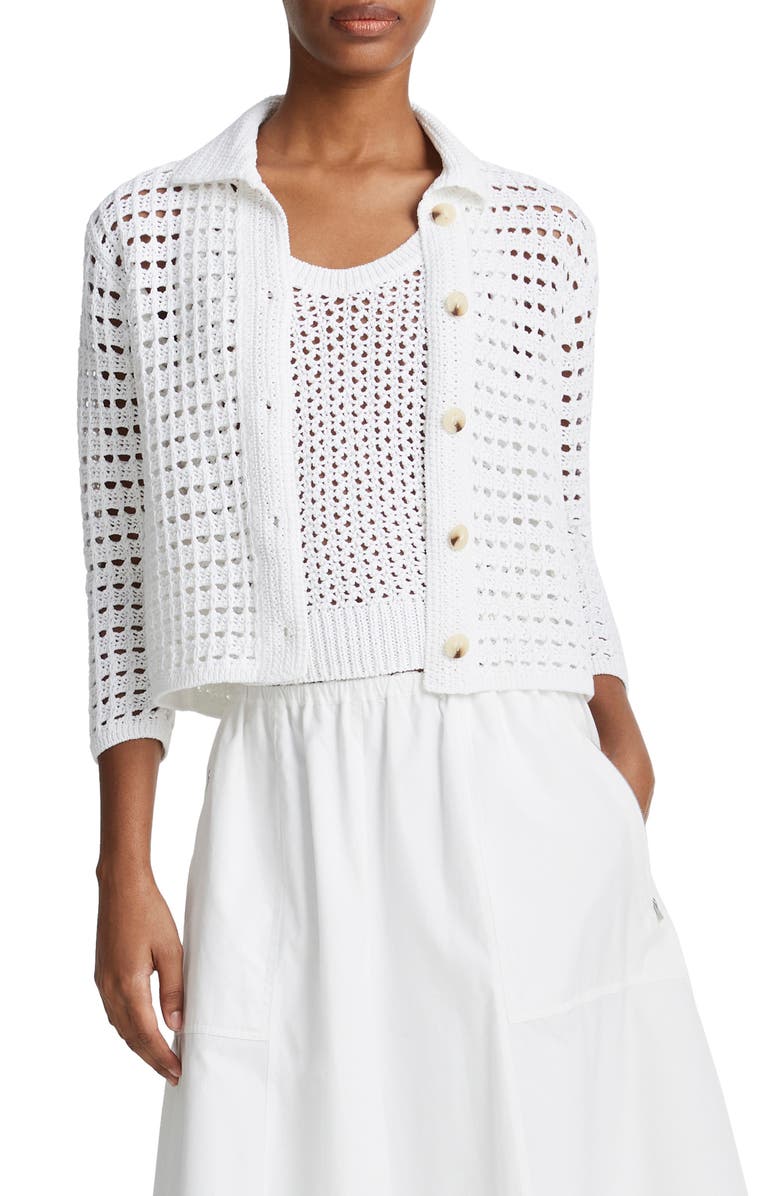 Vince Block Stitch Cotton Cardigan, Main, color, Optic White