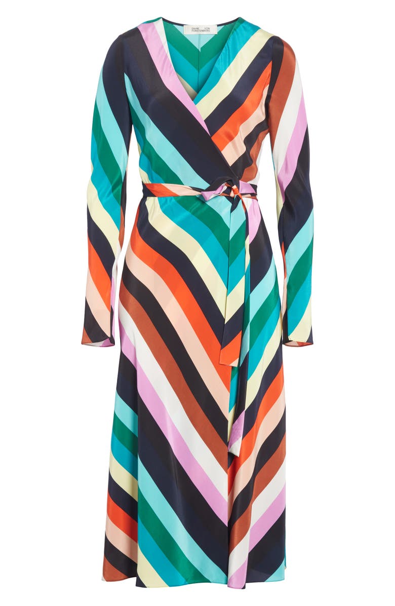 DVF Diane von Furstenberg Stripe Silk Wrap Midi Dress, Alternate, color,