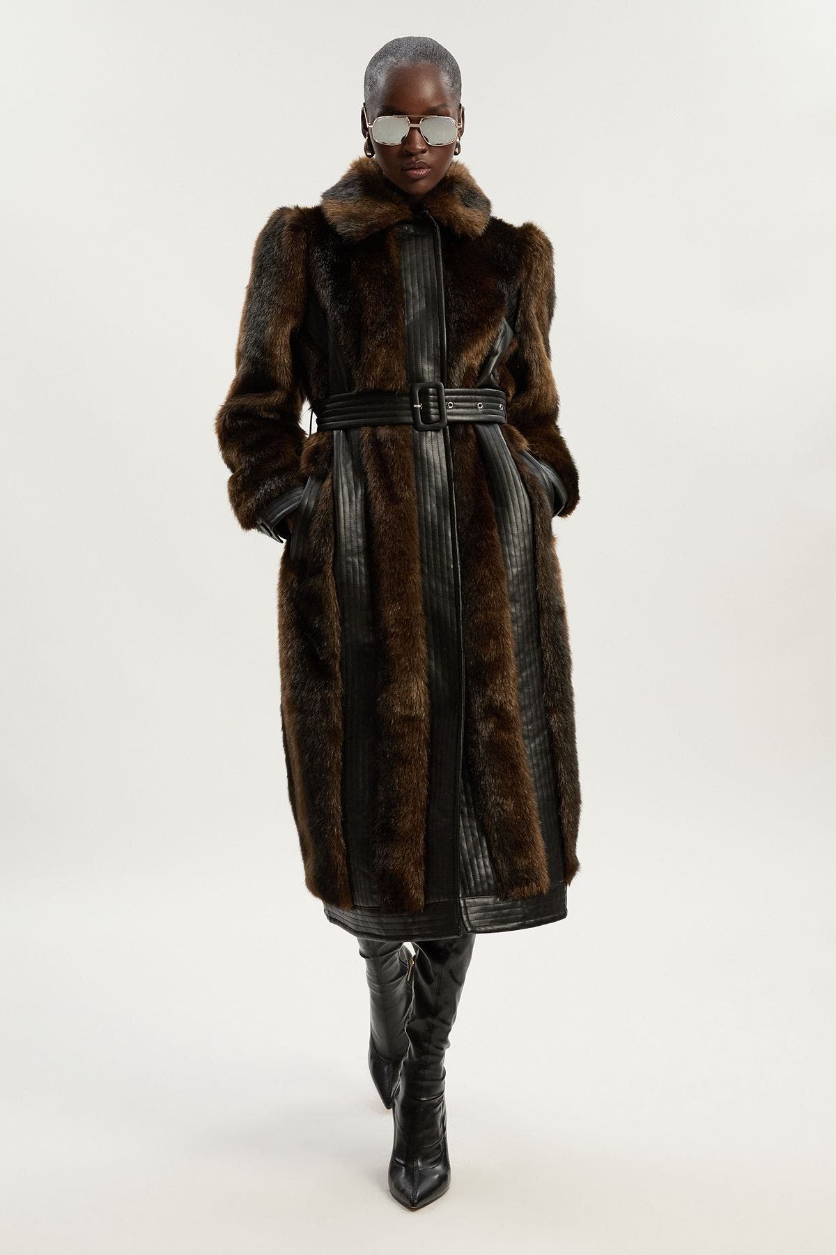 Karen Millen Faux Fur Pu Panelled Belted Midi Coat In Brown