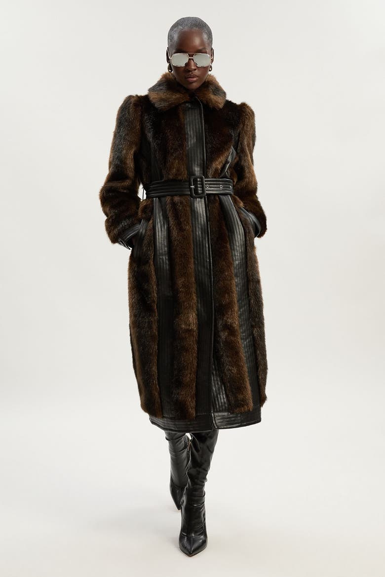 Faux Fur PU Panelled Belted Midi Coat, Main, color, Chocolate