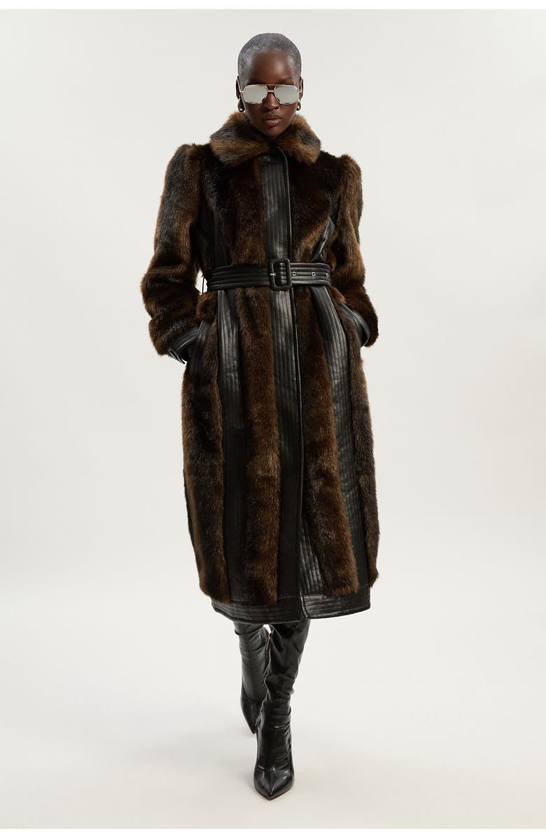 Karen Millen Faux Fur PU Panelled Belted Midi Coat, Main, color, Chocolate