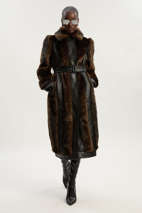 Faux Fur PU Panelled Belted Midi Coat