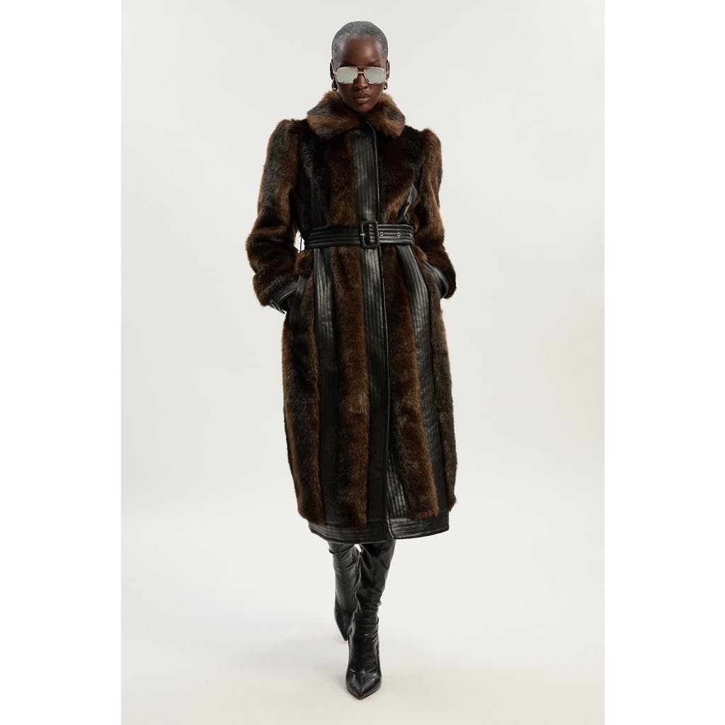 Karen Millen Faux Fur Pu Panelled Belted Midi Coat In Brown