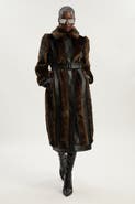 Karen Millen Faux Fur PU Panelled Belted Midi Coat
