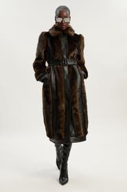 Karen Millen Faux Fur PU Panelled Belted Midi Coat