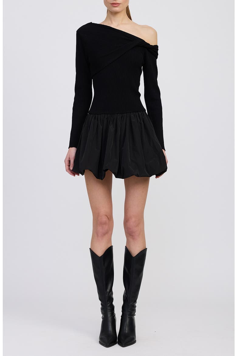 Romilla One-Shoulder Mixed Media Minidress, Main, color, BLACK
