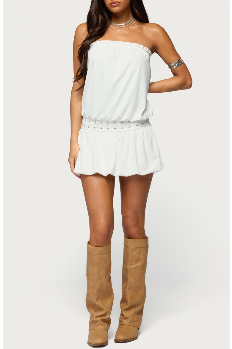 Layton Studded Strapless Bubble Hem Minidress, Main, color, WHITE