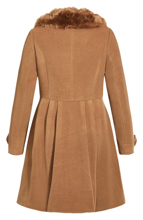City Chic Grandiose Coat With Faux Fur Collar In Brown