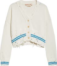 Marni Mending Logo Distressed Boxy Cotton Cardigan