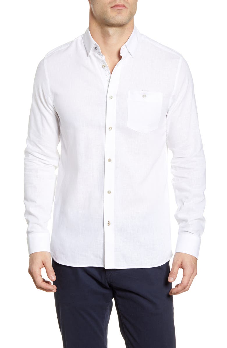 Ted Baker London Notip Button-Up Linen Blend Shirt, Main, color, 