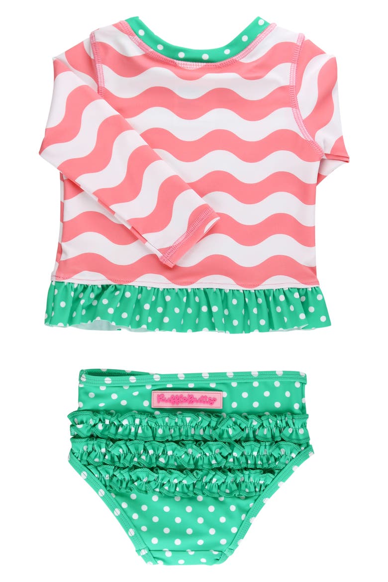 Kids' Bubblegum Wavy Stripe Long Sleeve Peplum UPF 50+ Two-Piece Rashguard Swimsuit, Alternate, color, PINK