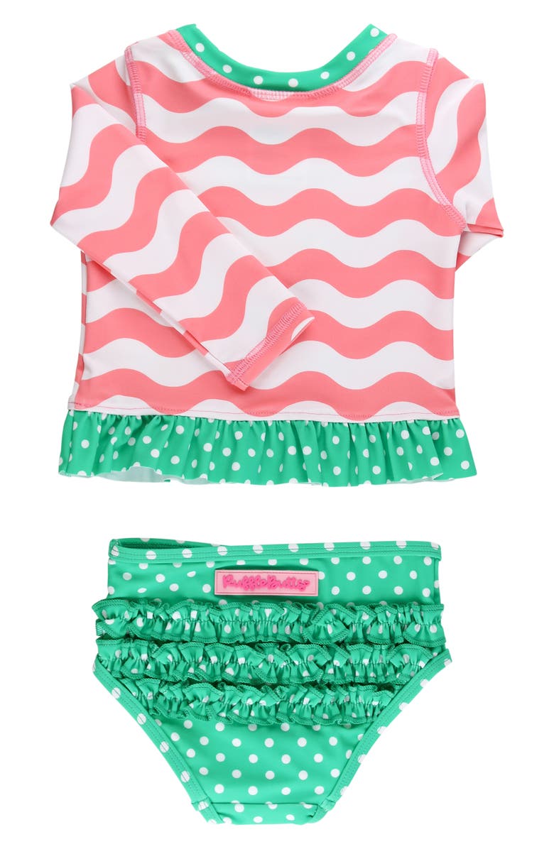 RuffleButts Kids' Bubblegum Wavy Stripe Long Sleeve Peplum UPF 50+ Two-Piece Rashguard Swimsuit, Alternate, color, Pink