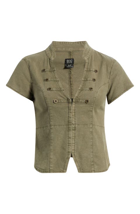 Milo Military Button Trim Linen Blend Crop Top