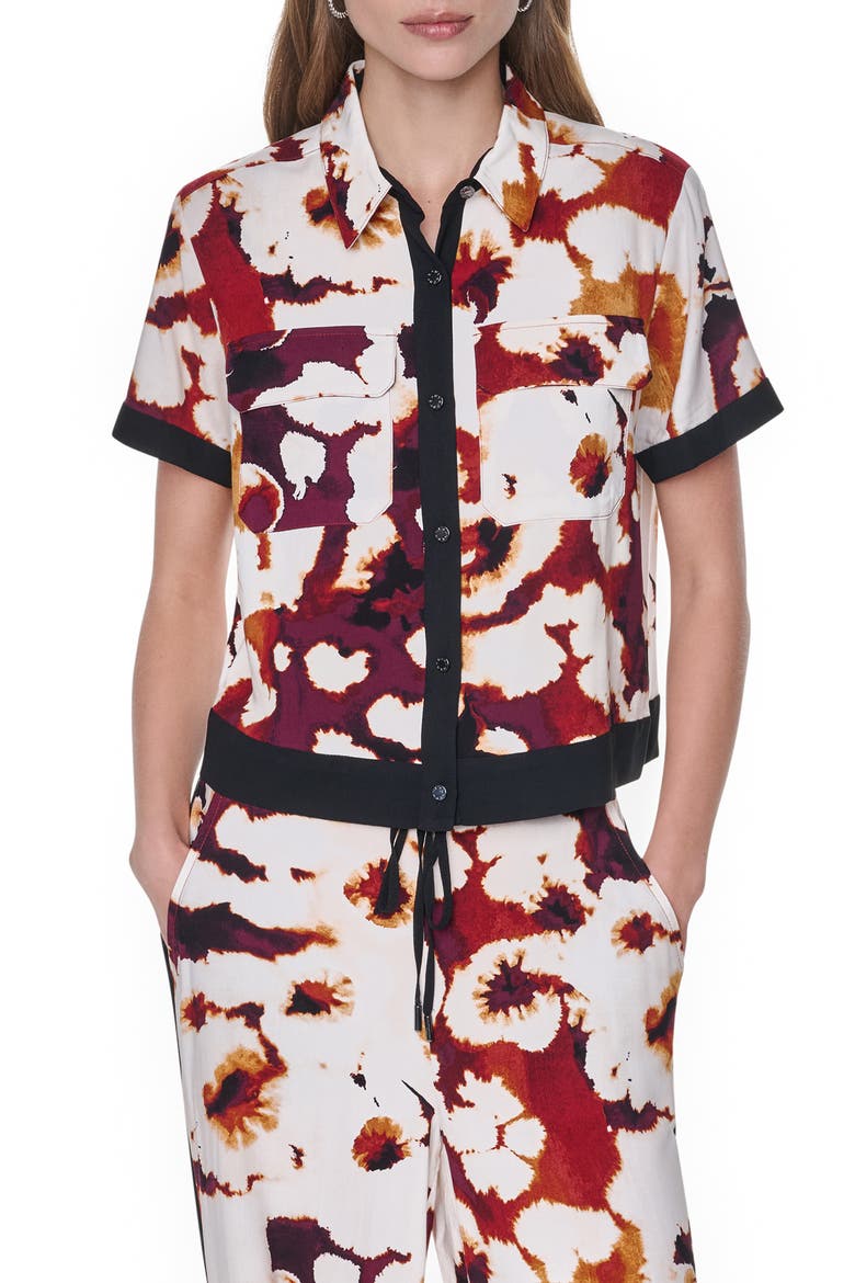 Print Short Sleeve Button-Up Shirt, Main, color, FLORAL INKBLOT