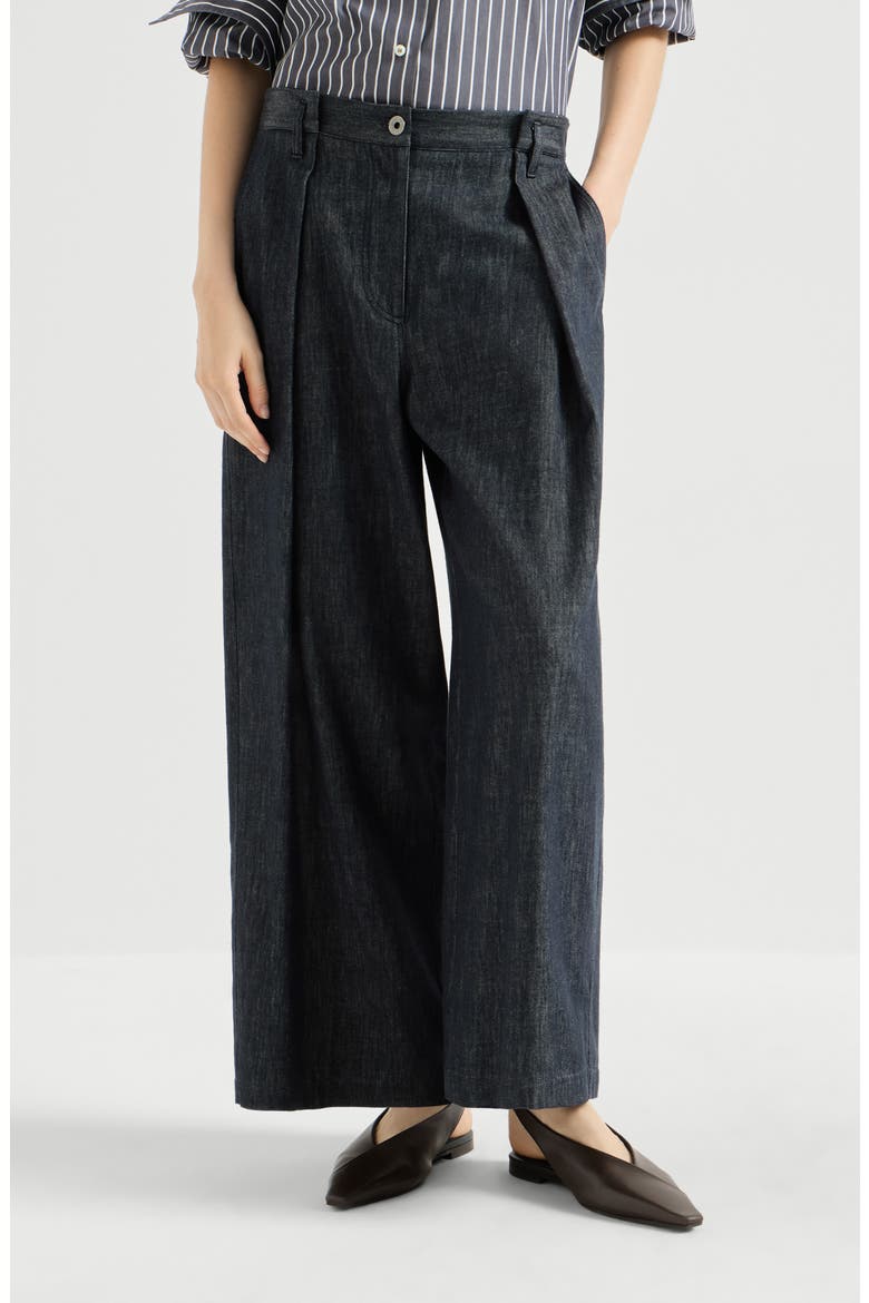 Denim-effect twill pleated A-line trousers with shiny loop, Main, color, Denim