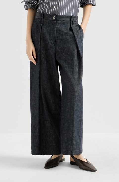 Denim-effect twill pleated A-line trousers with shiny loop