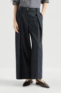 Brunello Cucinelli Denim-effect twill pleated A-line trousers with shiny loop