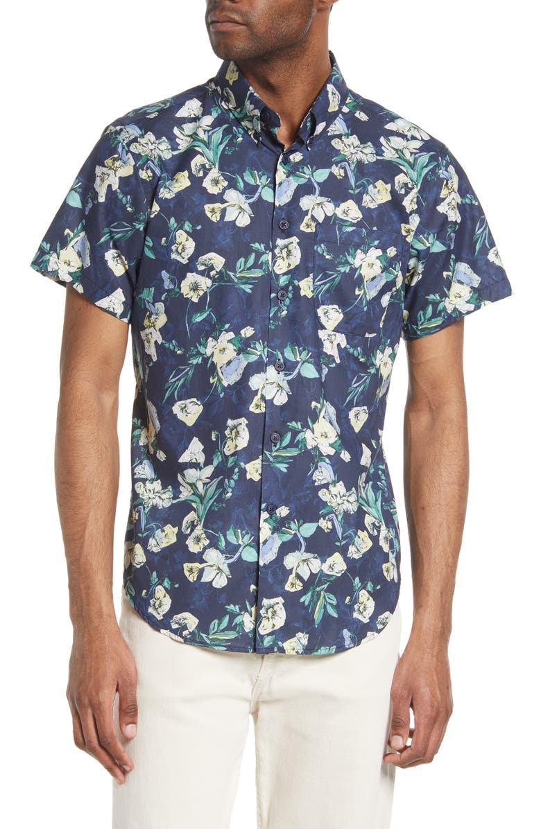 Naked & Famous Denim Floral Short Sleeve Button-Down Shirt, Main, color,