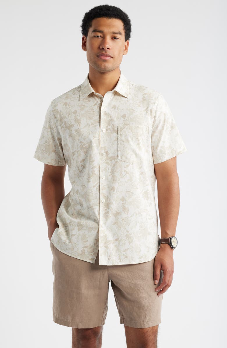 Nordstrom Floral Short Sleeve Stretch Cotton Blend Button-Up Shirt, Main, color, Beige Annie Floral