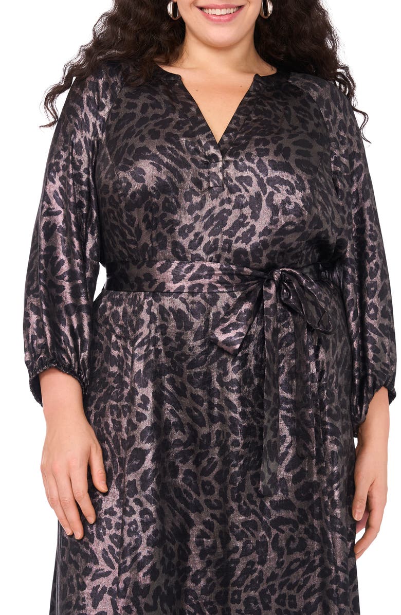 Vince Camuto Metallic Tie Waist Long Sleeve Maxi Dress, Alternate, color, Rich Black