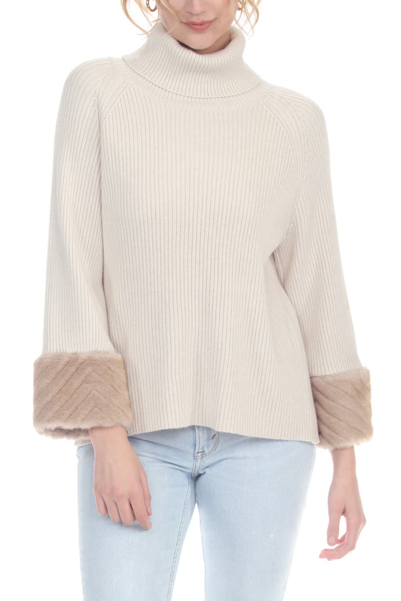 Faux Fur Cuff Turtleneck Sweater, Main, color, CREAM