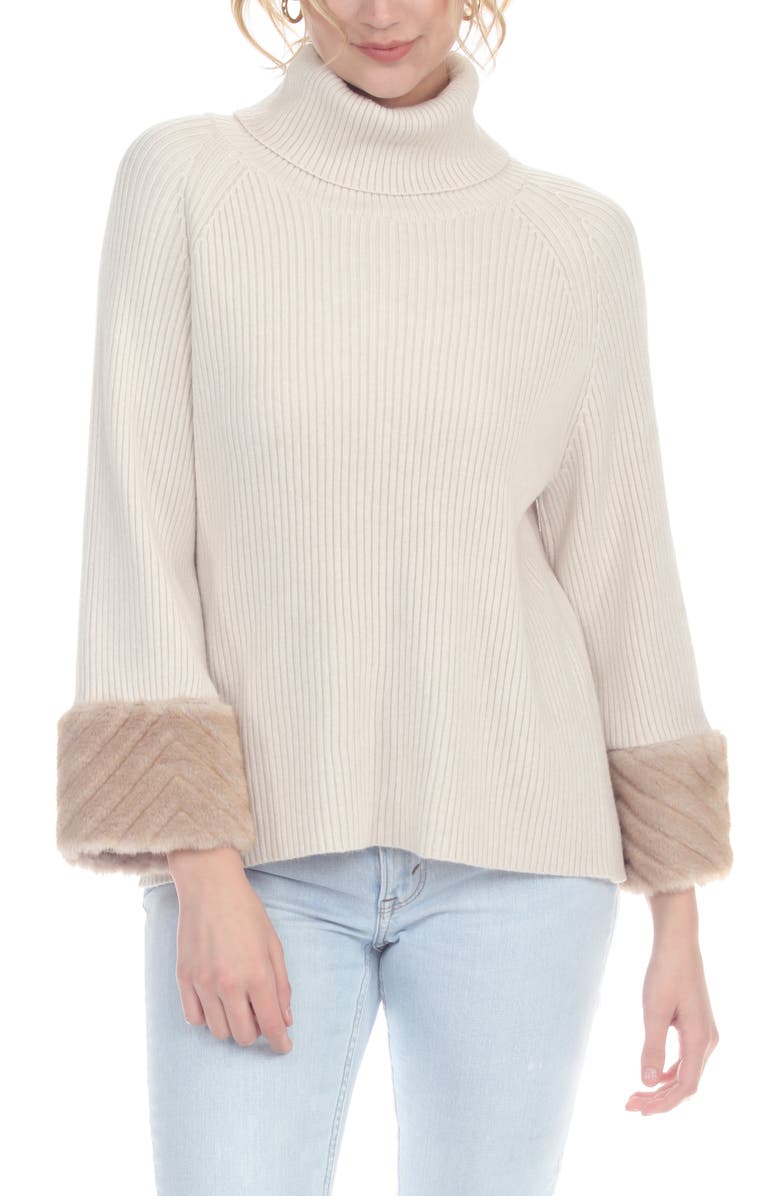 RAIN AND ROSE Faux Fur Cuff Turtleneck Sweater, Main, color, 