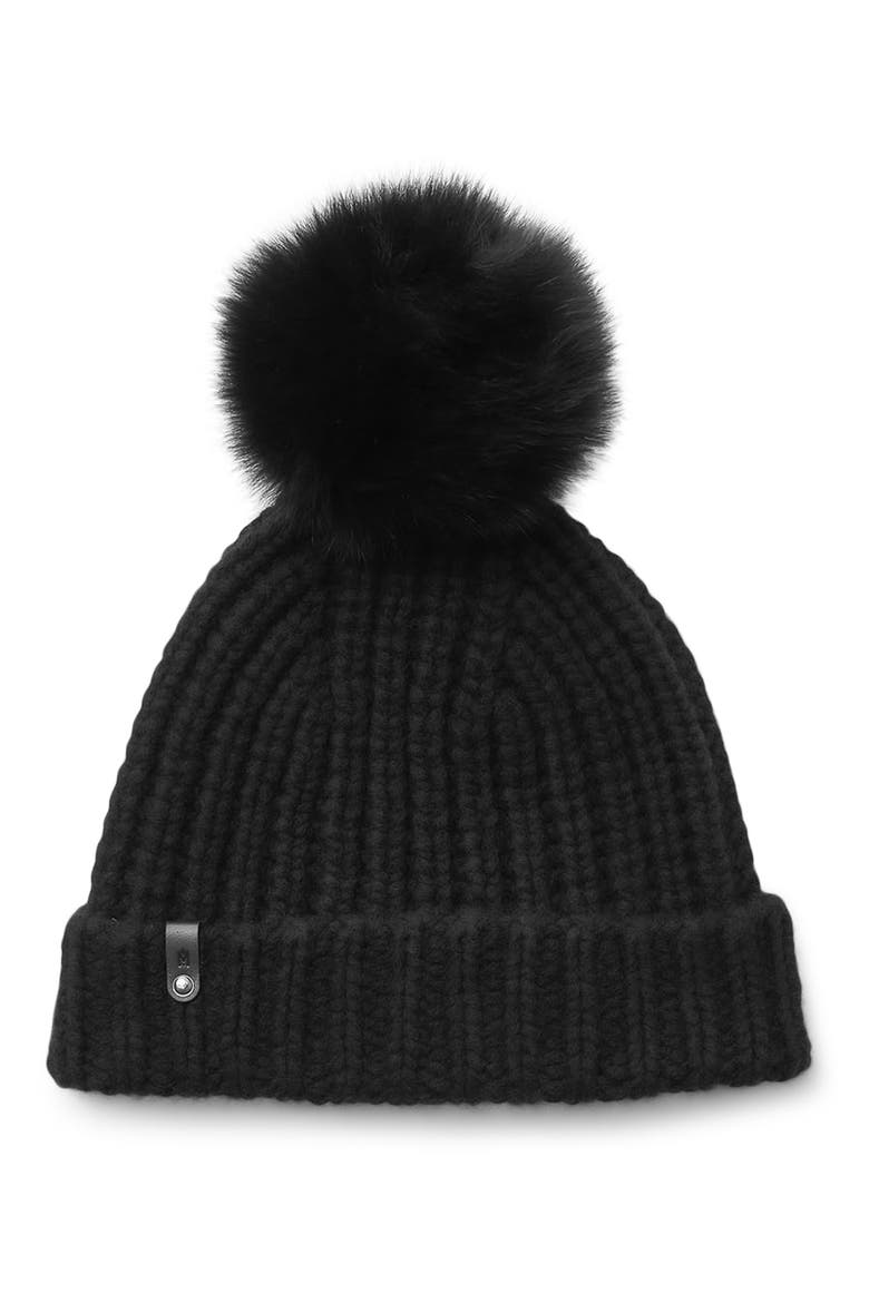 Cashmere & Wool Beanie with Genuine Fox Fur Pom, Main, color, BLACK