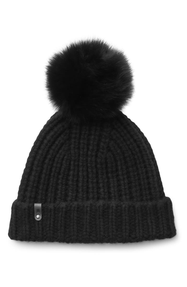 Mackage Cashmere & Wool Beanie with Genuine Fox Fur Pom, Main, color, 