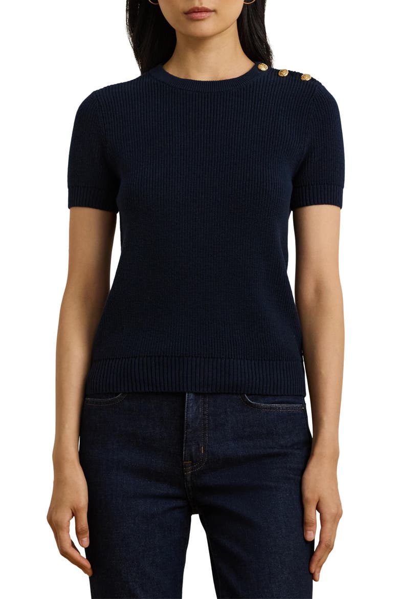 Rib Button Shoulder Short Sleeve Sweater, Main, color, LAUREN NAVY