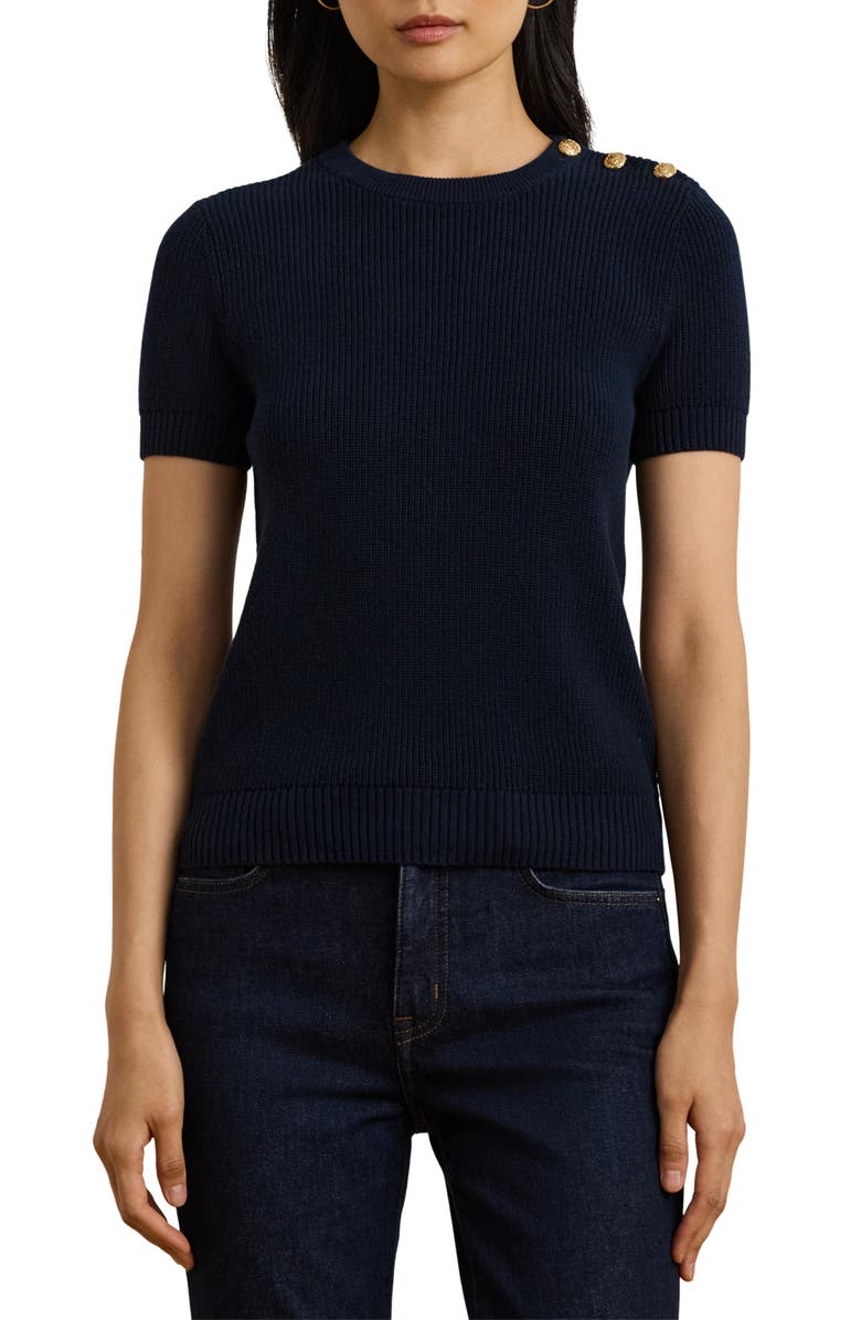 Lauren Ralph Lauren Rib Button Shoulder Short Sleeve Sweater, Main, color, 