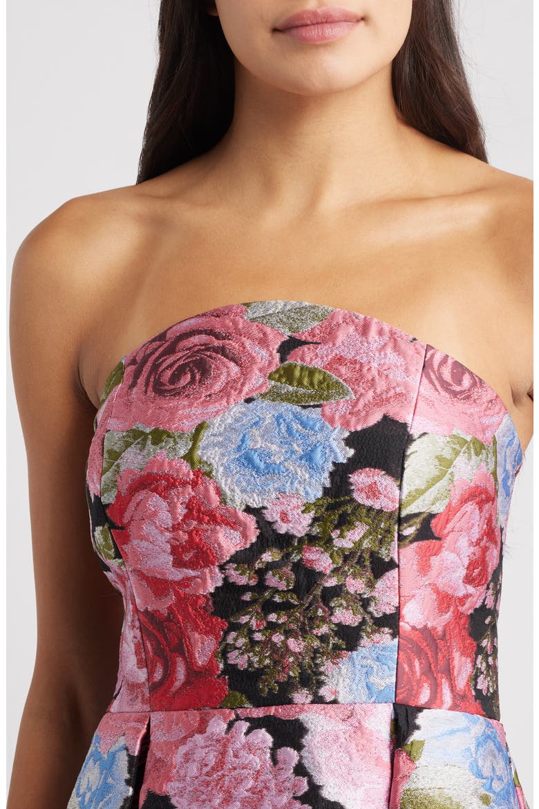 Pleated Strapless Jacquard Cocktail Dress, Alternate, color, BLACK MULTI