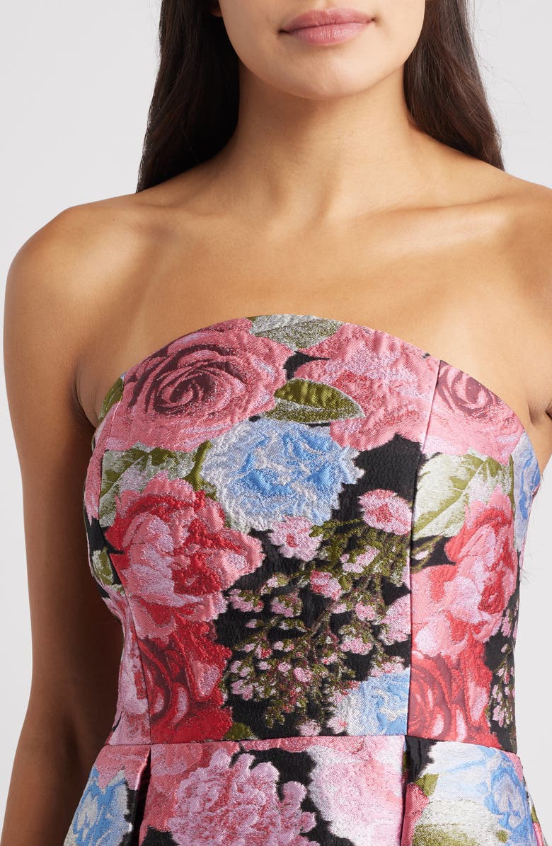 Eliza J Pleated Strapless Jacquard Cocktail Dress, Alternate, color, Black Multi