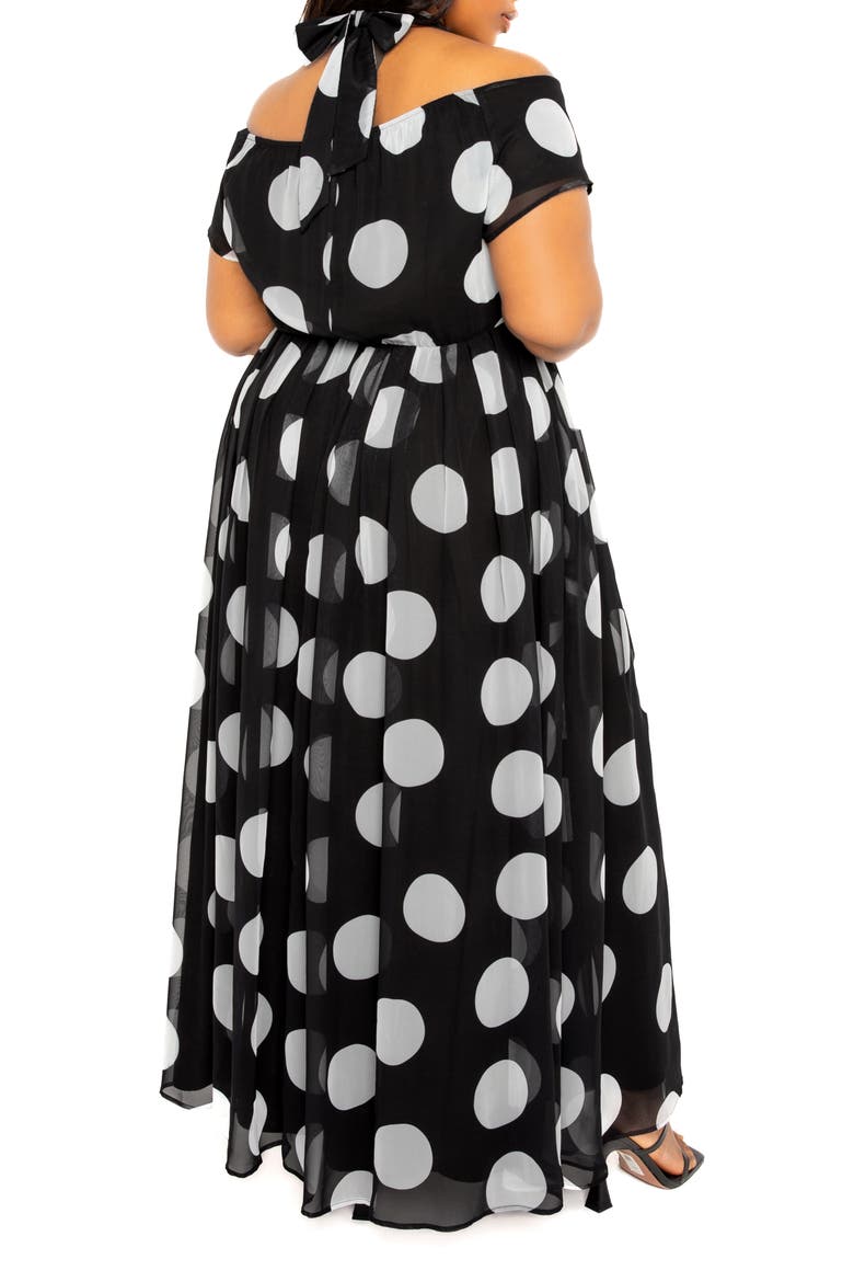 Polka Dot Off the Shoulder Halter Maxi Dress, Alternate, color, BLACK WHITE